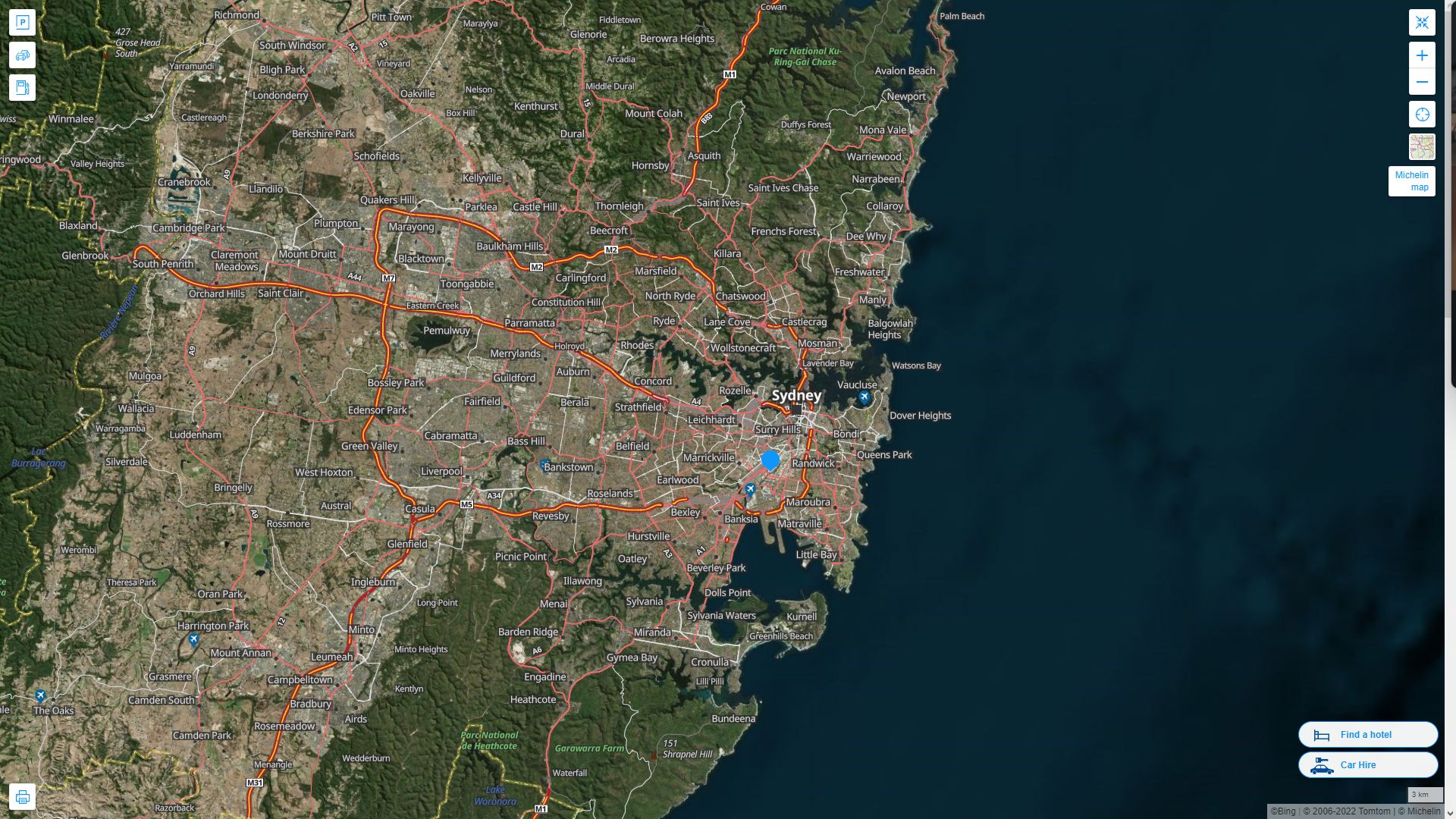 Sydney Australie Autoroute et carte routiere avec vue satellite